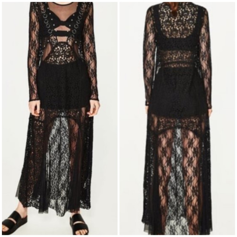 Zara Black Lace Sheer Embellished Festival Dress
